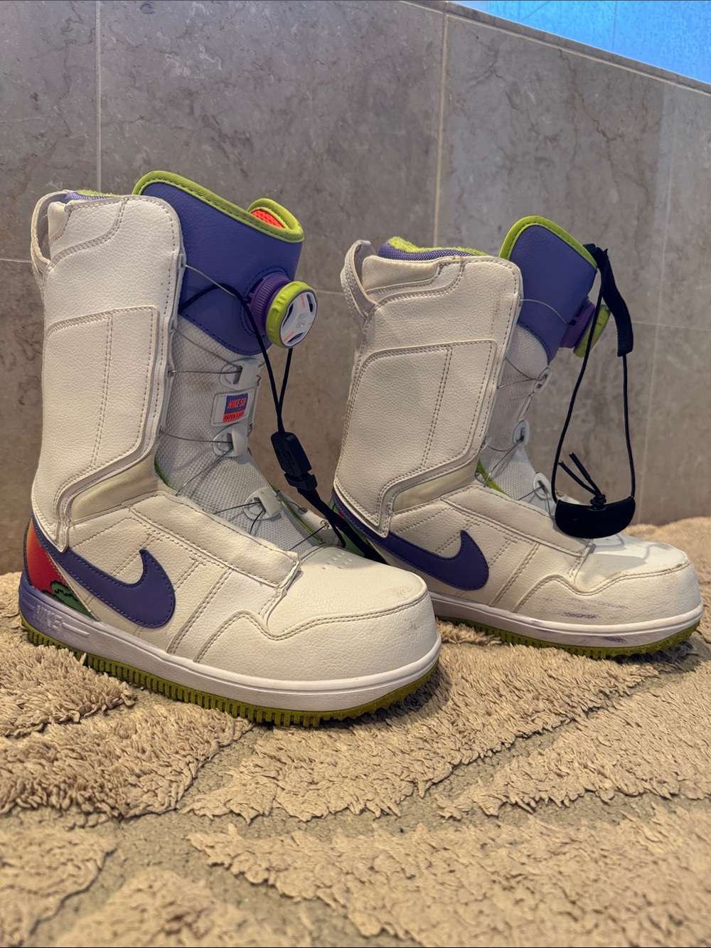 Nike White Snowboard Boots with Purple & Lime Accents